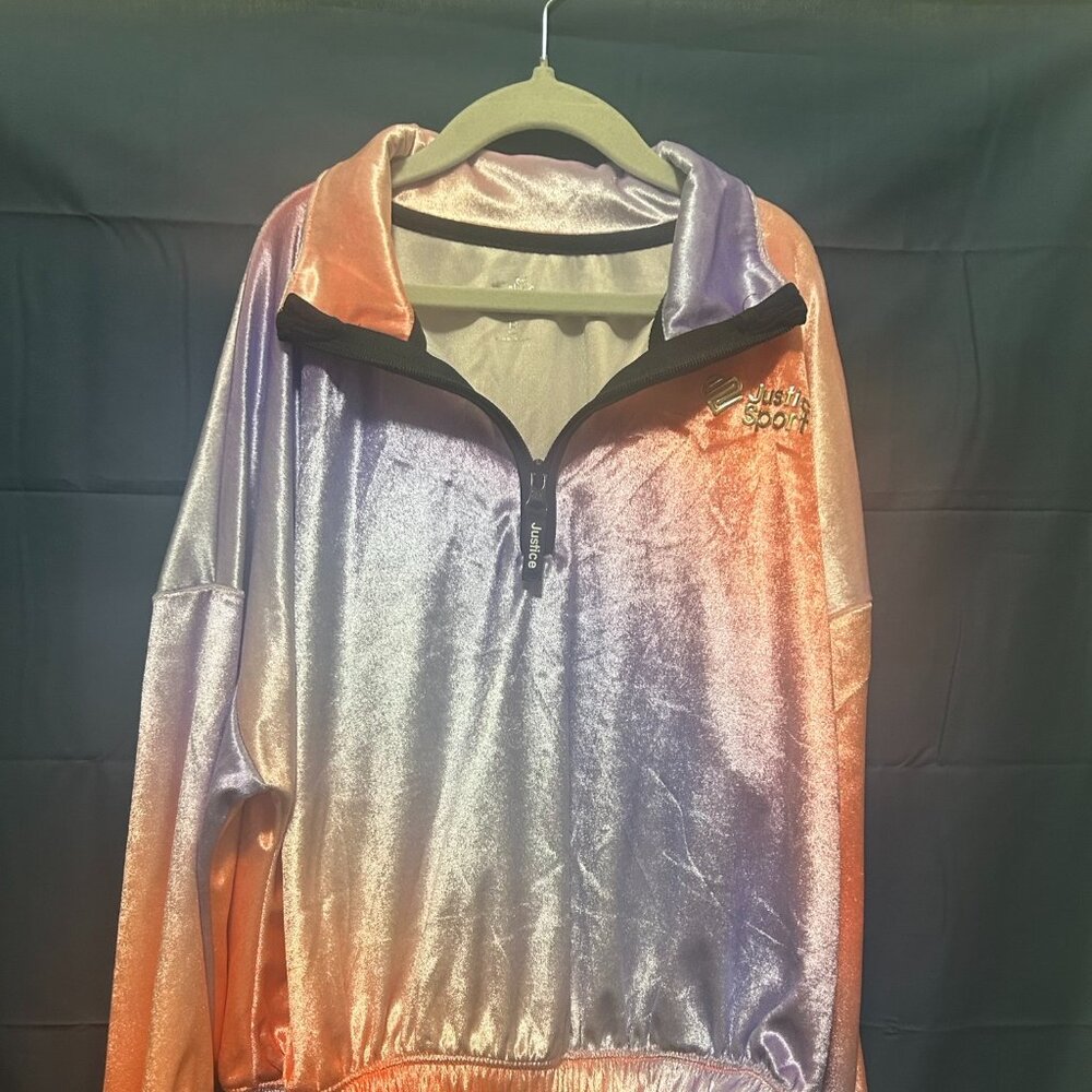 Justice Sport girl's purple orange velour half zip pullover jacket, medium